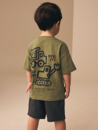 Khaki Green Digger Short Sleeve Back Print T-Shirt and Shorts Set (3mths-7yrs) image 3