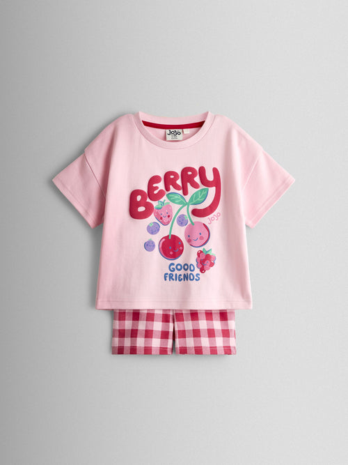 JoJo Maman Bébé Pink Berry Friends T-Shirt & Gingham Short Set image 1