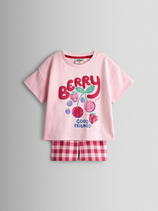 JoJo Maman Bébé Pink Berry Friends T-Shirt & Gingham Short Set image 1