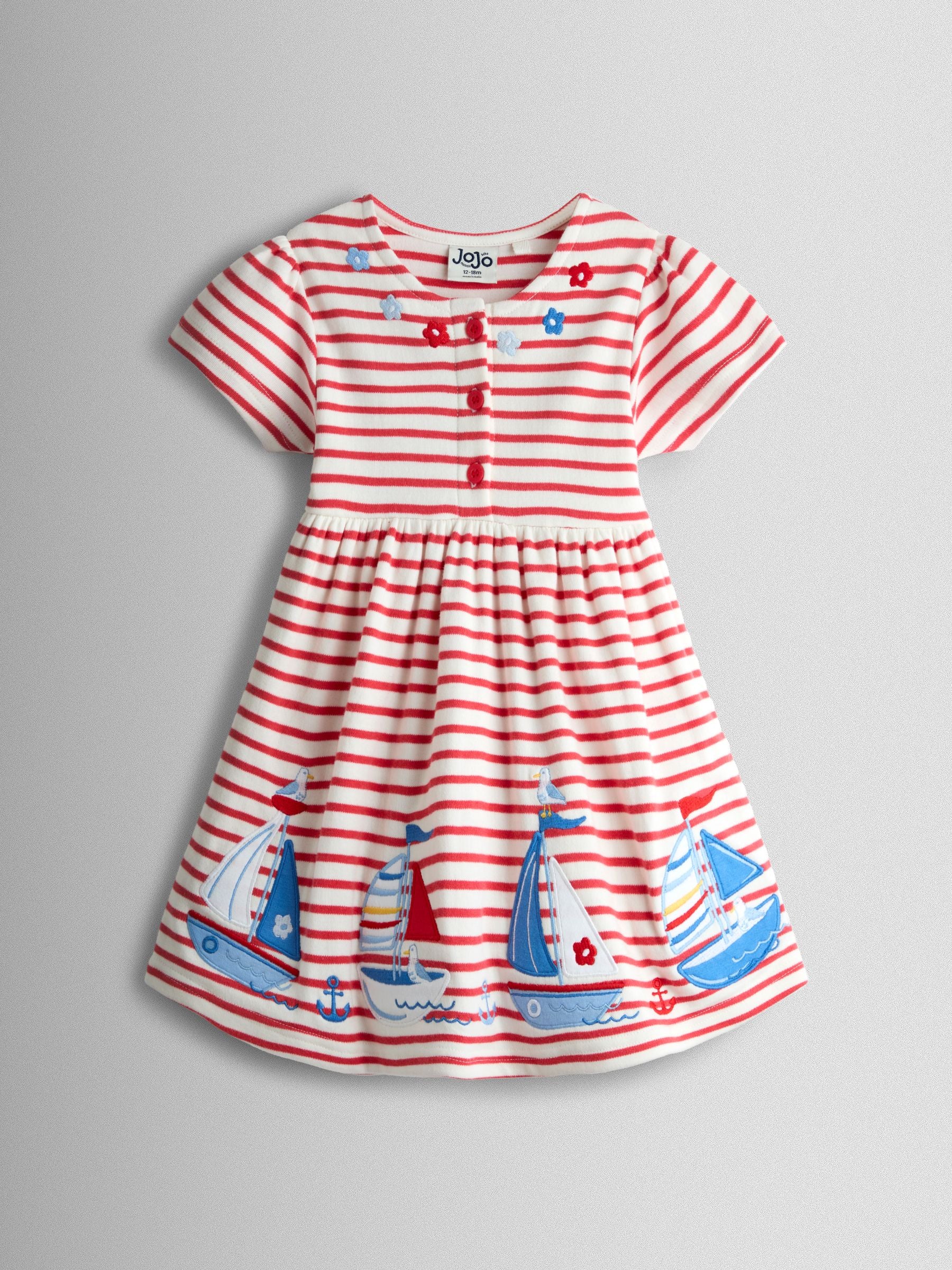 JoJo Maman Bébé Red Boat Appliqué Classic Button Front Dress image 2