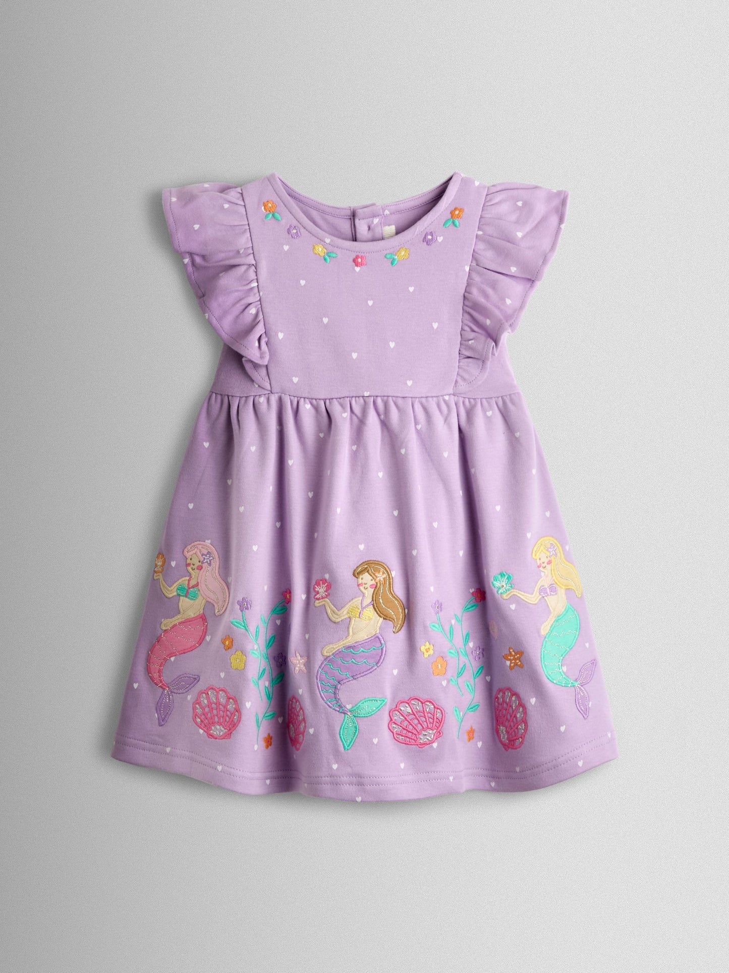 JoJo Maman Bébé Lilac Purple Mermaid Appliqué Frill Shoulder Dress image 2