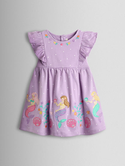 JoJo Maman Bébé Lilac Purple Mermaid Appliqué Frill Shoulder Dress image 2