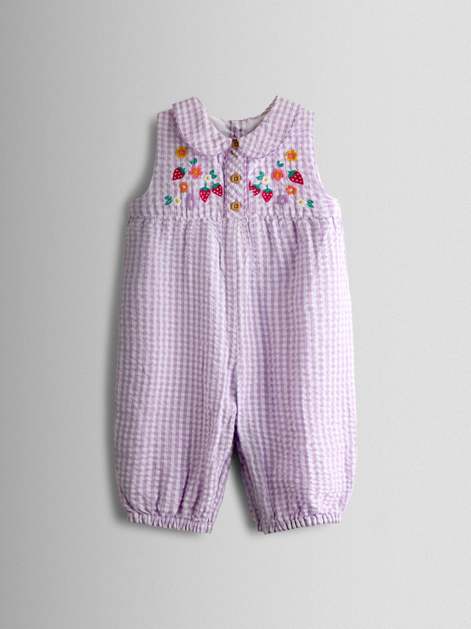 JoJo Maman Bébé Lilac Purple Strawberry Embroidered Collar Dungaree image 1