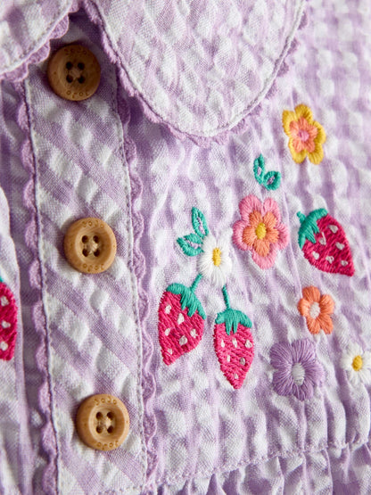 JoJo Maman Bébé Lilac Purple Strawberry Embroidered Collar Dungaree image 3