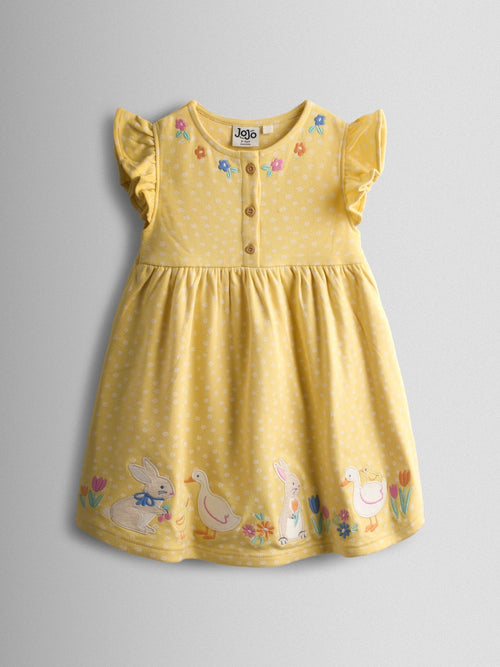 Dsiney Kidz - JoJo Maman Bébé Yellow Bunny And Duck Appliqué Button Front Dress image 1