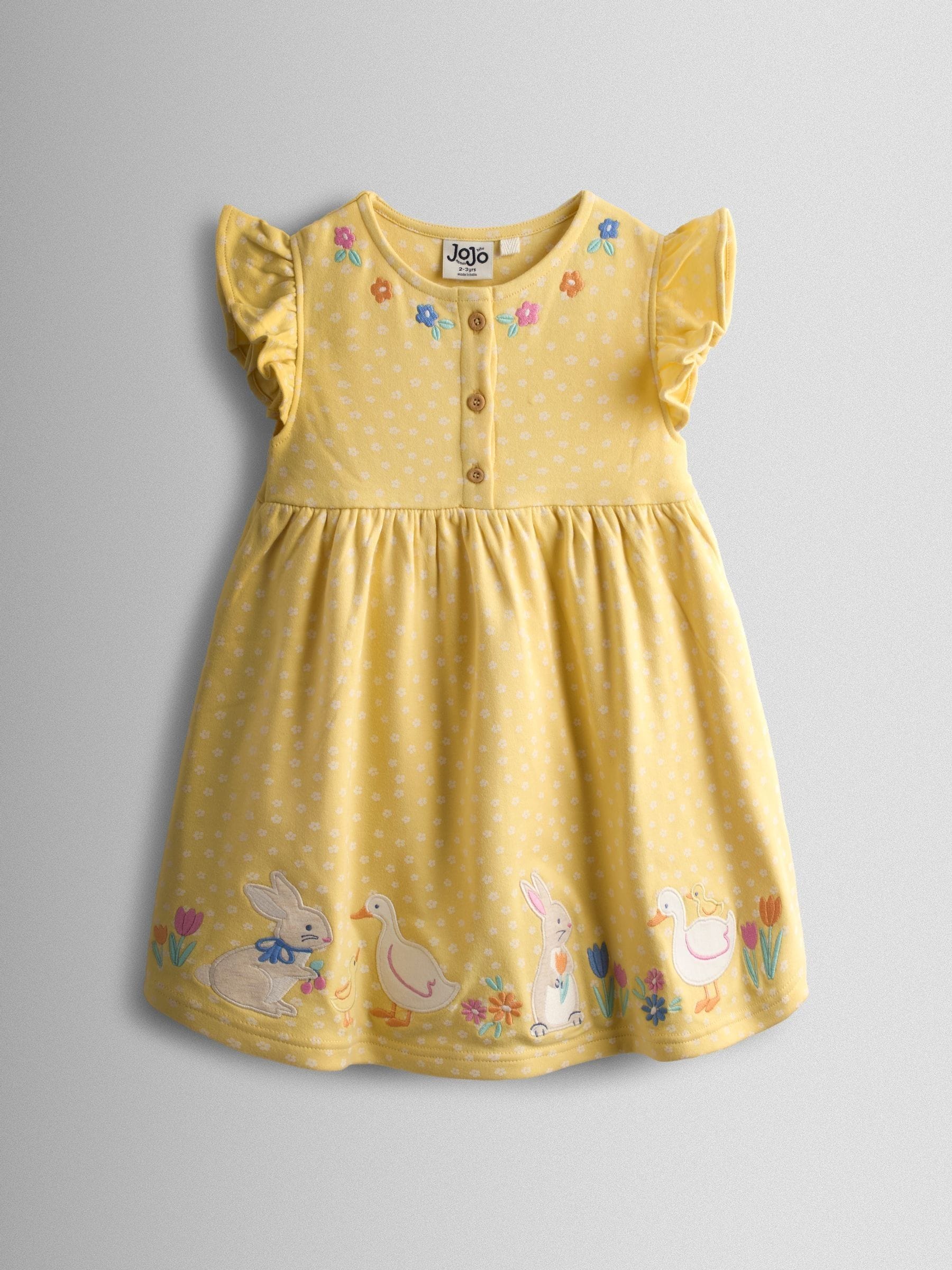 JoJo Maman Bébé Yellow Bunny And Duck Appliqué Button Front Dress image 1