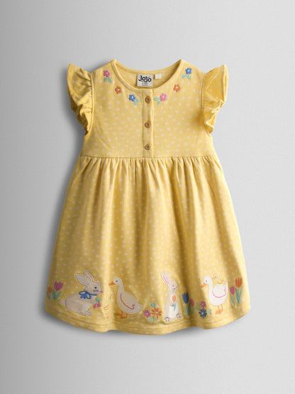JoJo Maman Bébé Yellow Bunny And Duck Appliqué Button Front Dress image 1