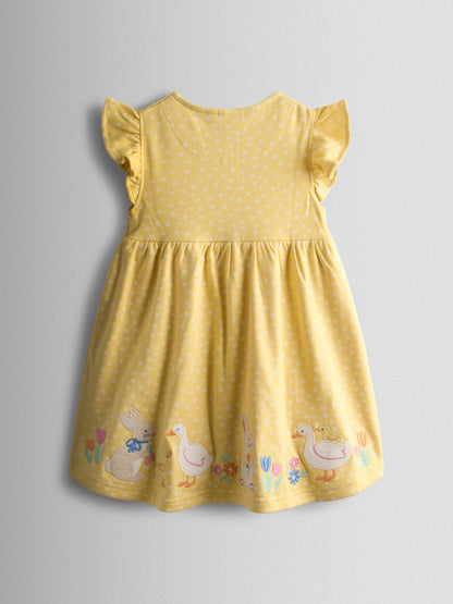 JoJo Maman Bébé Yellow Bunny And Duck Appliqué Button Front Dress image 2