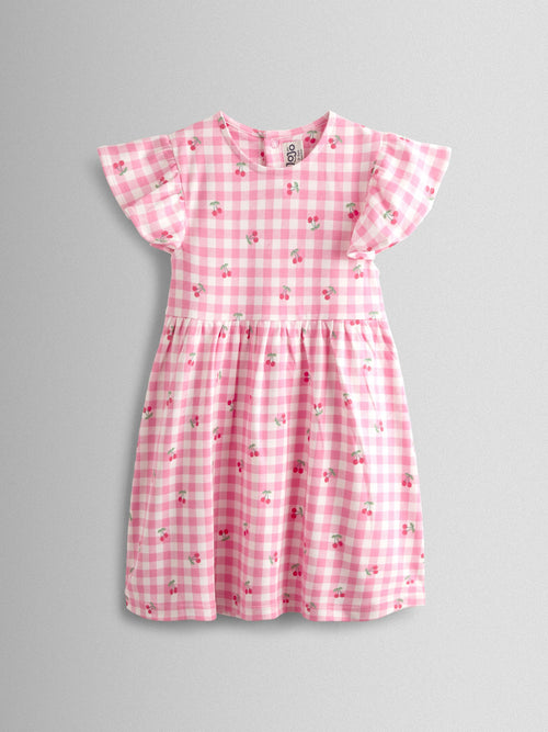 JoJo Maman Bébé Pink Gingham Cherry Print Flutter Sleeve Dress image 1