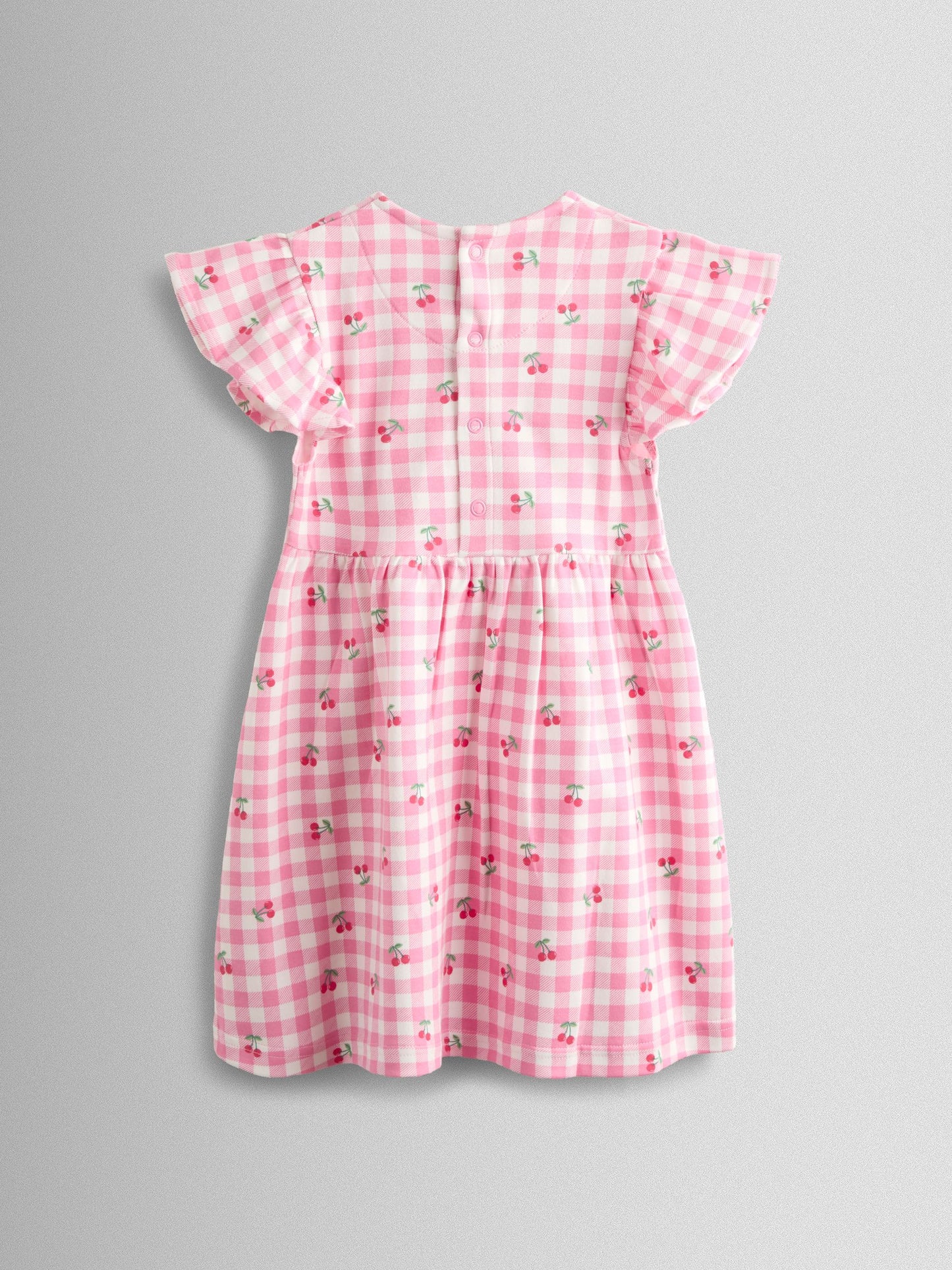 JoJo Maman Bébé Pink Gingham Cherry Print Flutter Sleeve Dress image 2