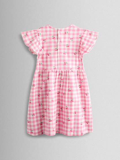 JoJo Maman Bébé Pink Gingham Cherry Print Flutter Sleeve Dress image 2