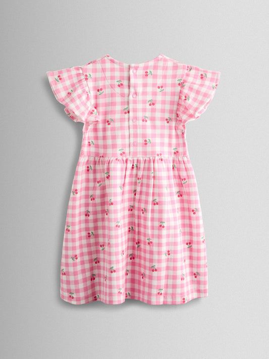 JoJo Maman Bébé Pink Gingham Cherry Print Flutter Sleeve Dress image 2