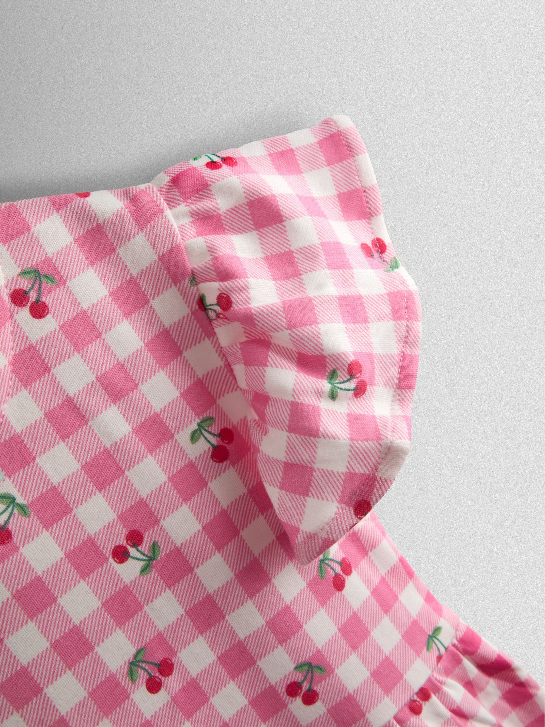 JoJo Maman Bébé Pink Gingham Cherry Print Flutter Sleeve Dress image 3