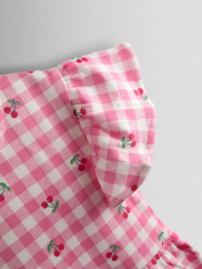 JoJo Maman Bébé Pink Gingham Cherry Print Flutter Sleeve Dress image 3