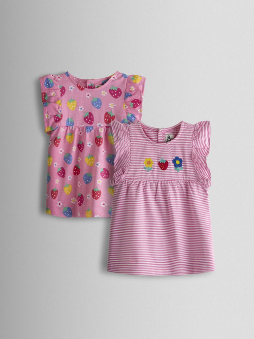 JoJo Maman Bébé Pink Strawberry 2-Pack Frill Sleeve T-shirt image 1