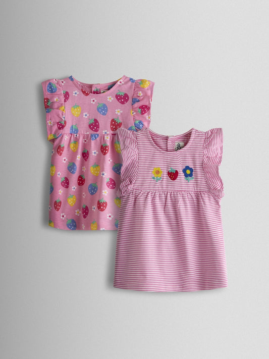 JoJo Maman Bébé Pink Strawberry 2-Pack Frill Sleeve T-shirt image 1