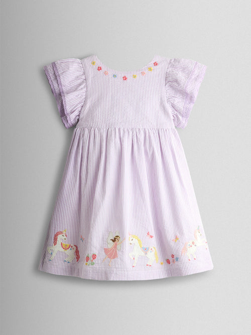 JoJo Maman Bébé Lilac Unicorn Appliqué Frill Sleeve Dress image 1