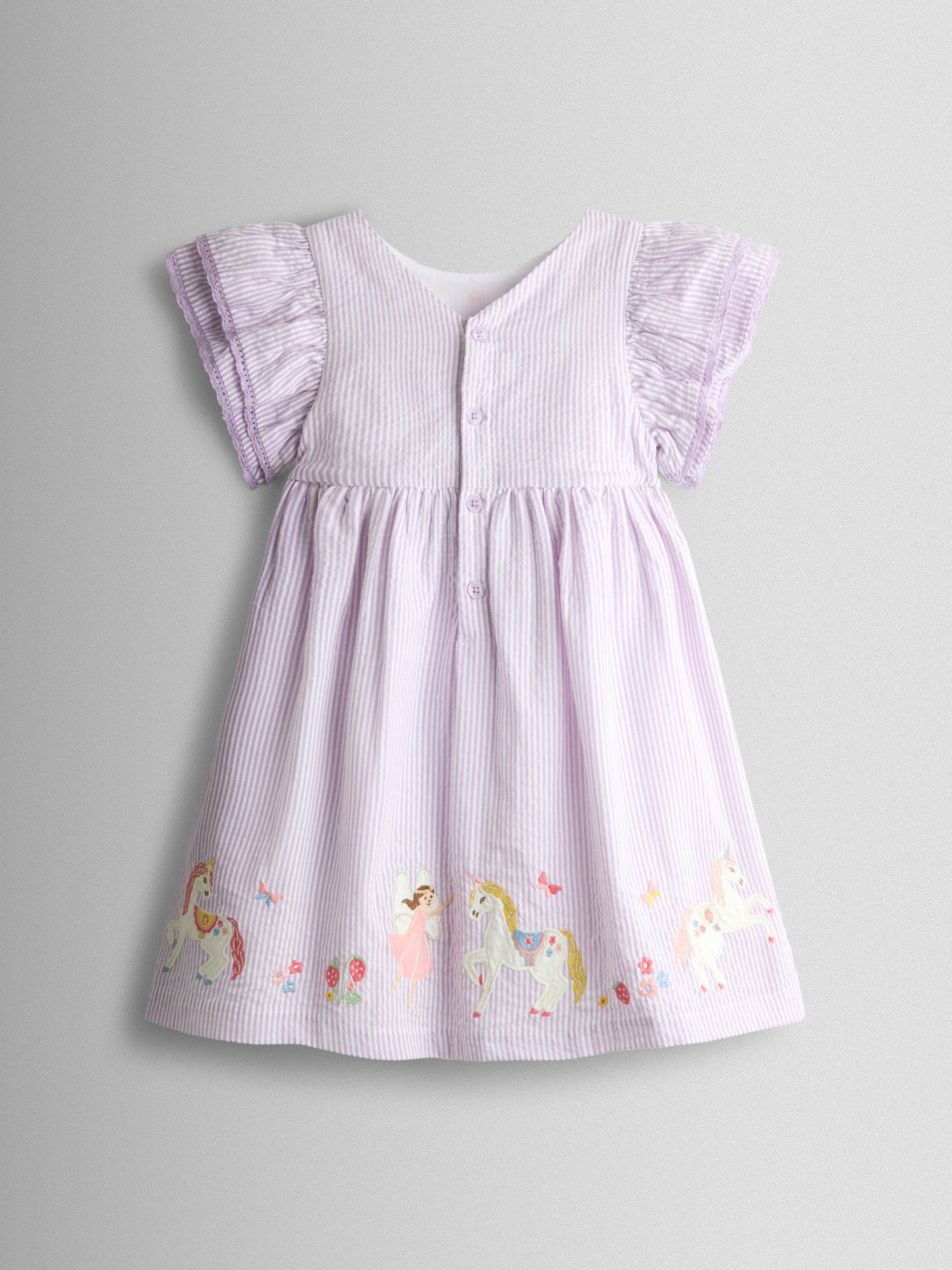 JoJo Maman Bébé Lilac Unicorn Appliqué Frill Sleeve Dress image 2