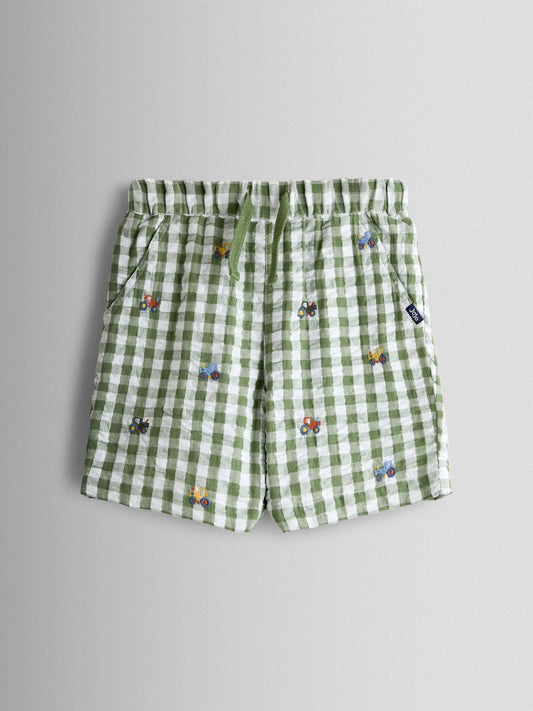 JoJo Maman Bébé Green Tractor Embroidered Seersucker Shorts image 1