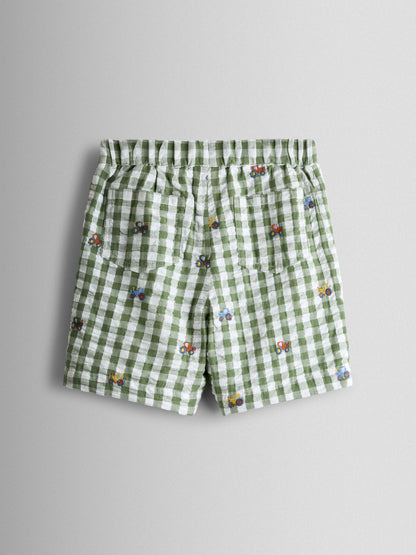 Dsiney Kidz - JoJo Maman Bébé Green Tractor Embroidered Seersucker Shorts image 2
