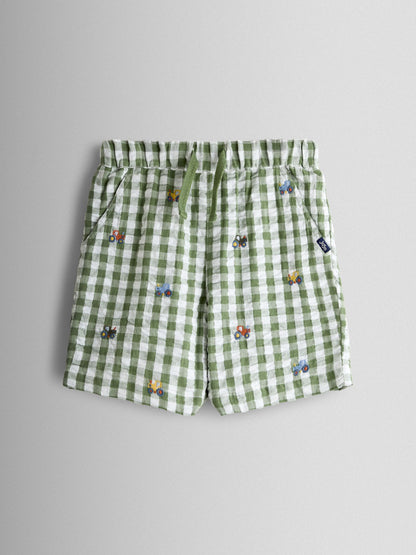 Dsiney Kidz - JoJo Maman Bébé Green Tractor Embroidered Seersucker Shorts image 1