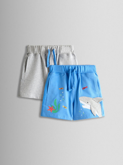 JoJo Maman Bébé Blue & Grey Shark 2-Pack Appliqué & Plain Shorts image 1