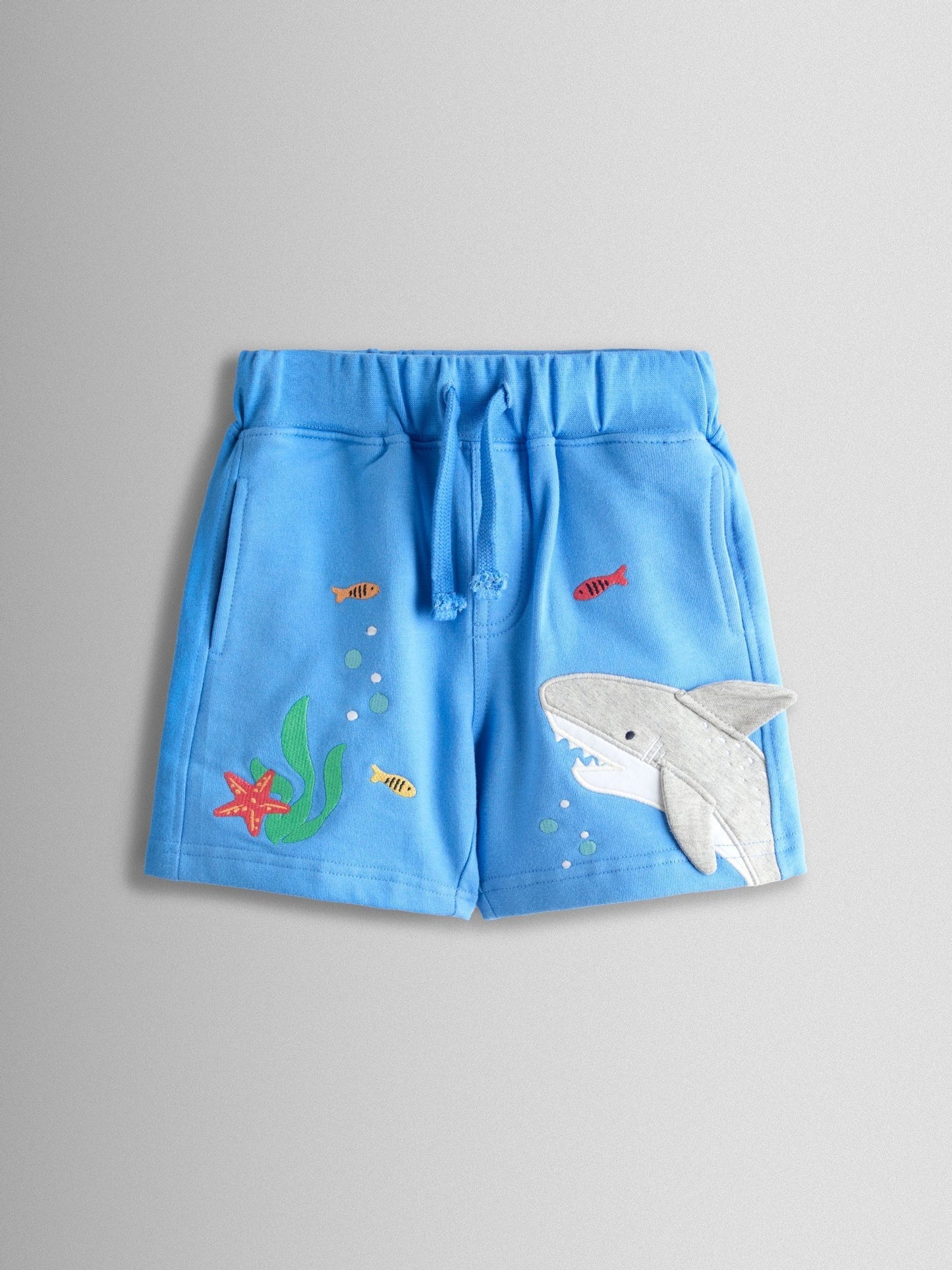 Dsiney Kidz - JoJo Maman Bébé Blue & Grey Shark 2-Pack Appliqué & Plain Shorts image 2
