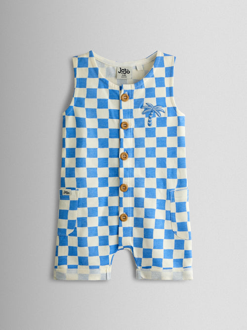 JoJo Maman Bébé Light Blue Checkerboard Button Through Romper image 1