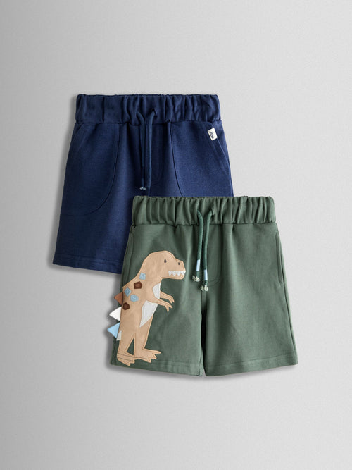 JoJo Maman Bébé Green Dino 2-Pack Appliqué & Plain Shorts image 1