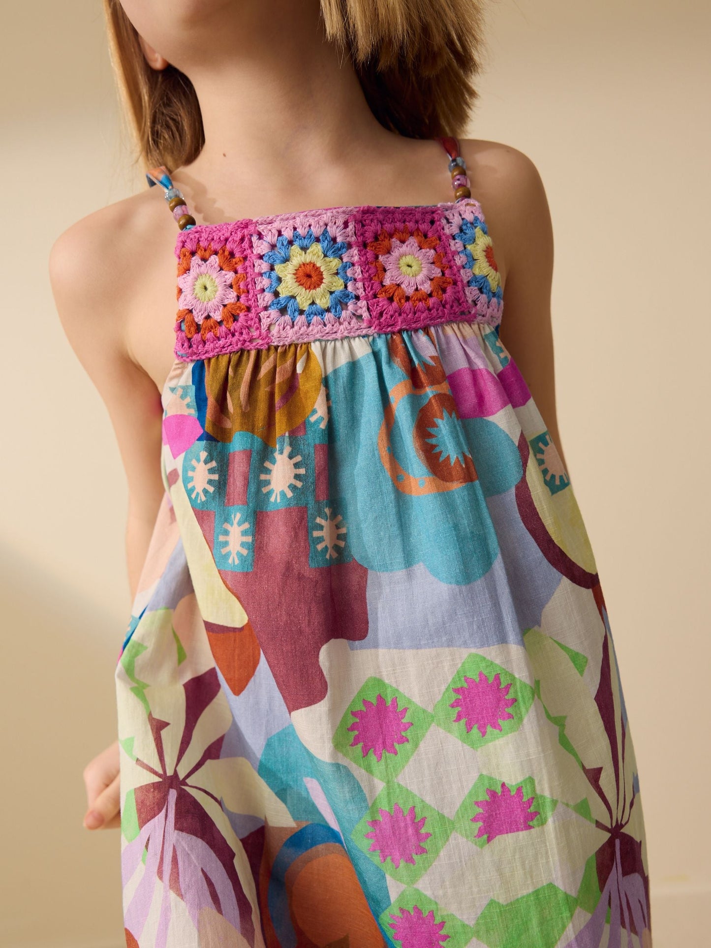 Multi Blue Strappy Crochet Dress (3-16yrs) image 4