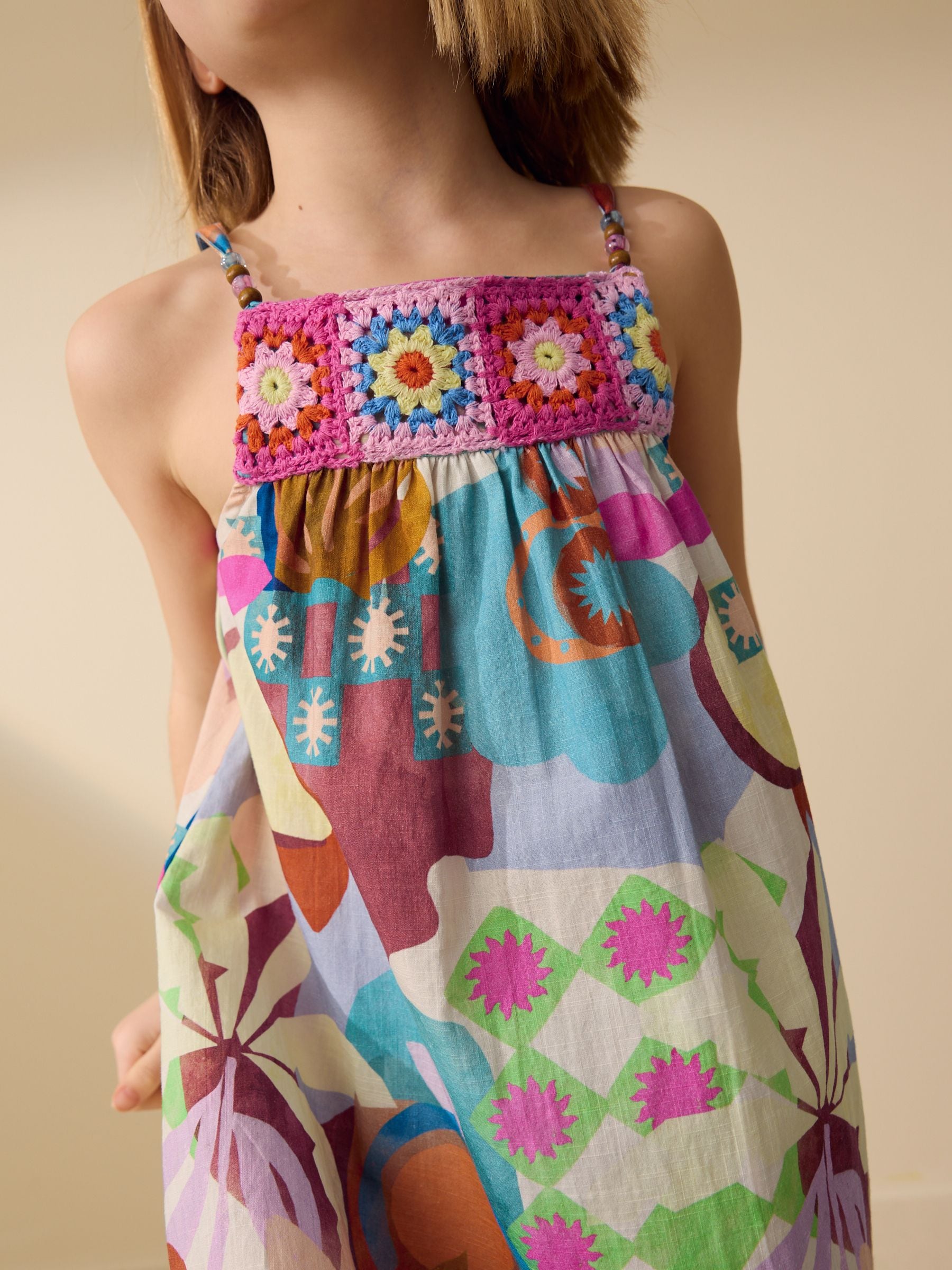 Multi Blue Strappy Crochet Dress (3-16yrs) image 4