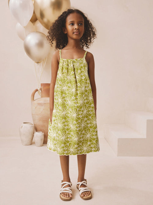 Chartreuse Strappy Broderie Summer Dress (3-16yrs) image 1