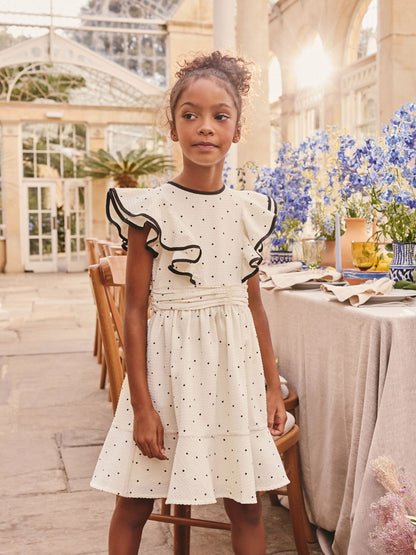 Cream Spot Ruffle Sleeve Occasion Dress (3-16yrs) image 1