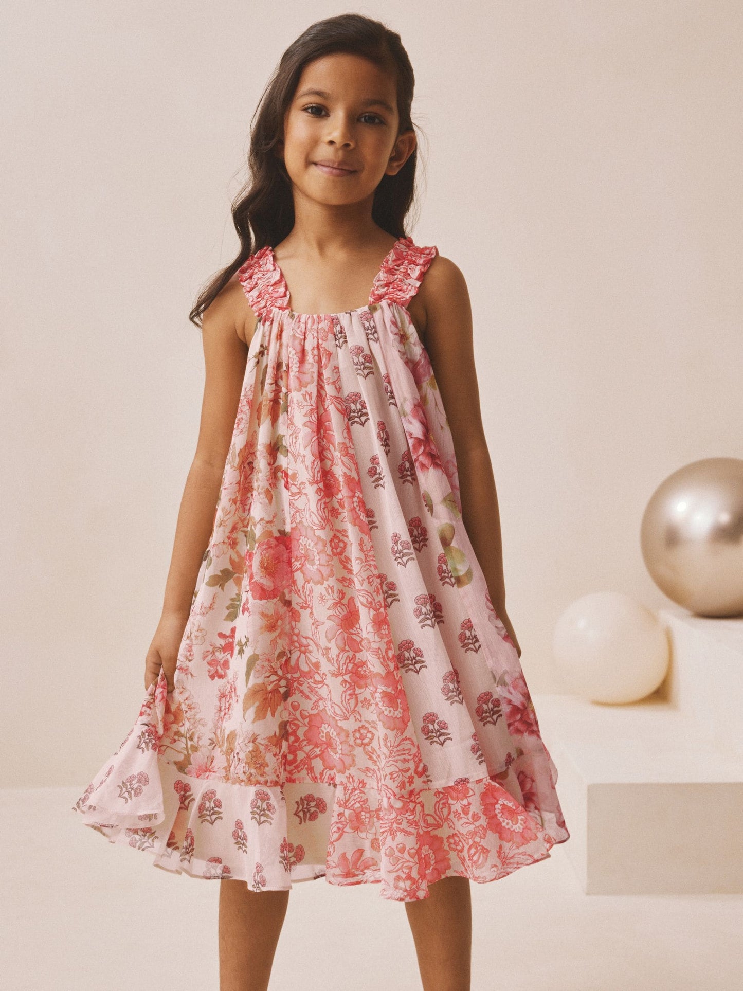 Pink Floral Mixed Print Strappy Occasion Dress (3-16yrs) image 1