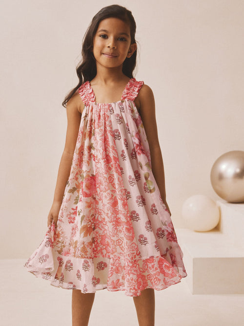 Pink Floral Mixed Print Strappy Occasion Dress (3-16yrs) image 1