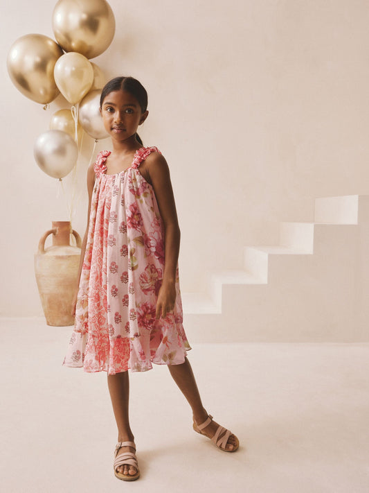 Pink Floral Mixed Print Strappy Occasion Dress (3-16yrs) image 2