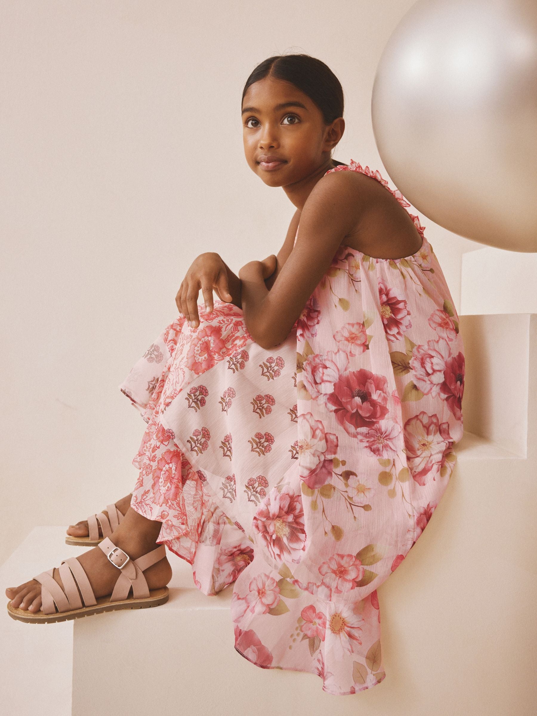 Pink Floral Mixed Print Strappy Occasion Dress (3-16yrs) image 3