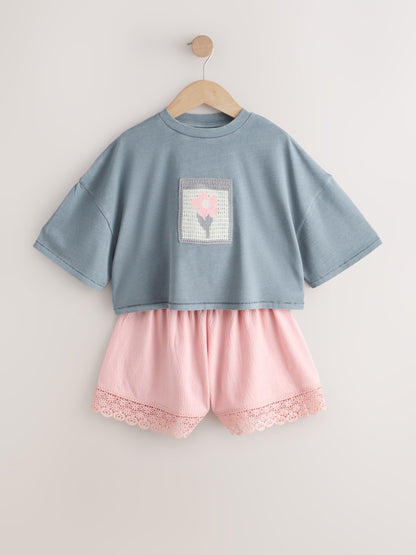 Dsiney Kidz - Grey/Pink Flower Detail T-Shirt and Textured Shorts Set (3-16yrs) image 6
