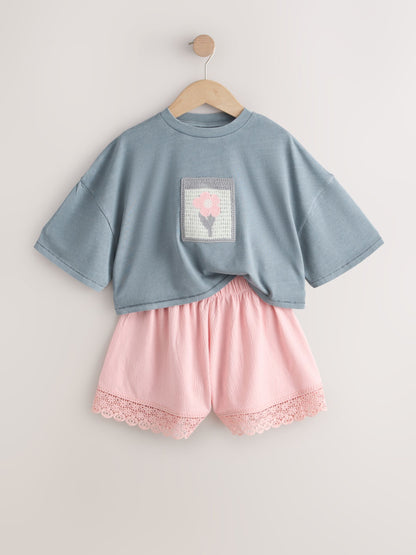 Dsiney Kidz - Grey/Pink Flower Detail T-Shirt and Textured Shorts Set (3-16yrs) image 7