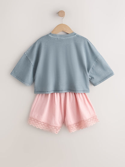 Dsiney Kidz - Grey/Pink Flower Detail T-Shirt and Textured Shorts Set (3-16yrs) image 8