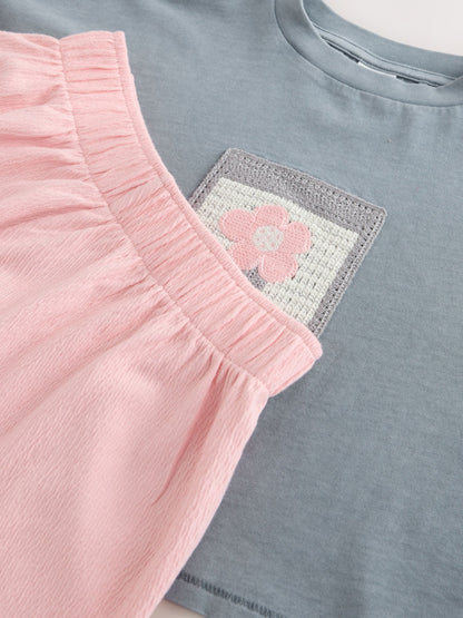 Dsiney Kidz - Grey/Pink Flower Detail T-Shirt and Textured Shorts Set (3-16yrs) image 9