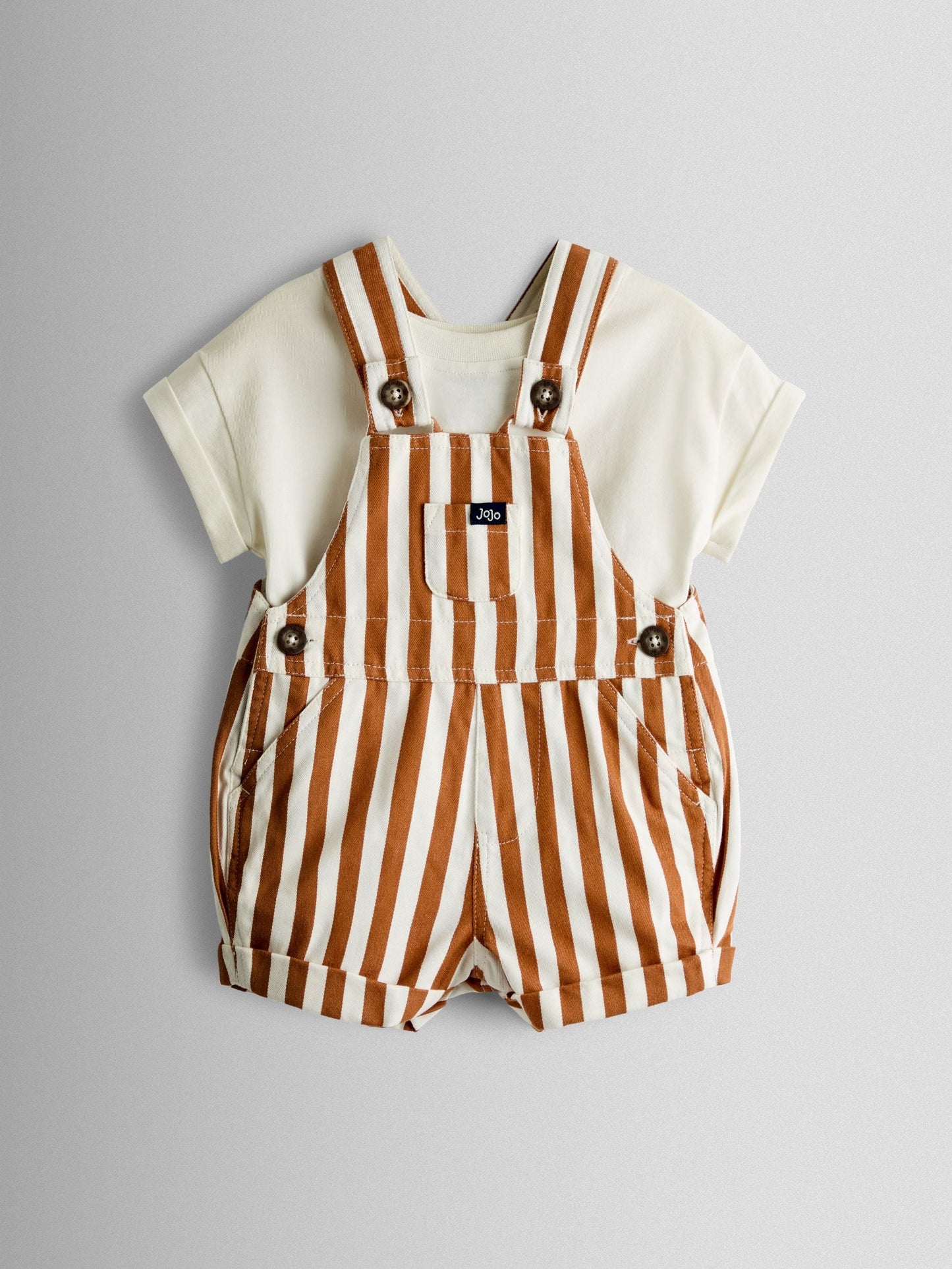 JoJo Maman Bébé Tan Brown Stripe 2-Piece Twill Dungaree Set & T-Shirt image 1