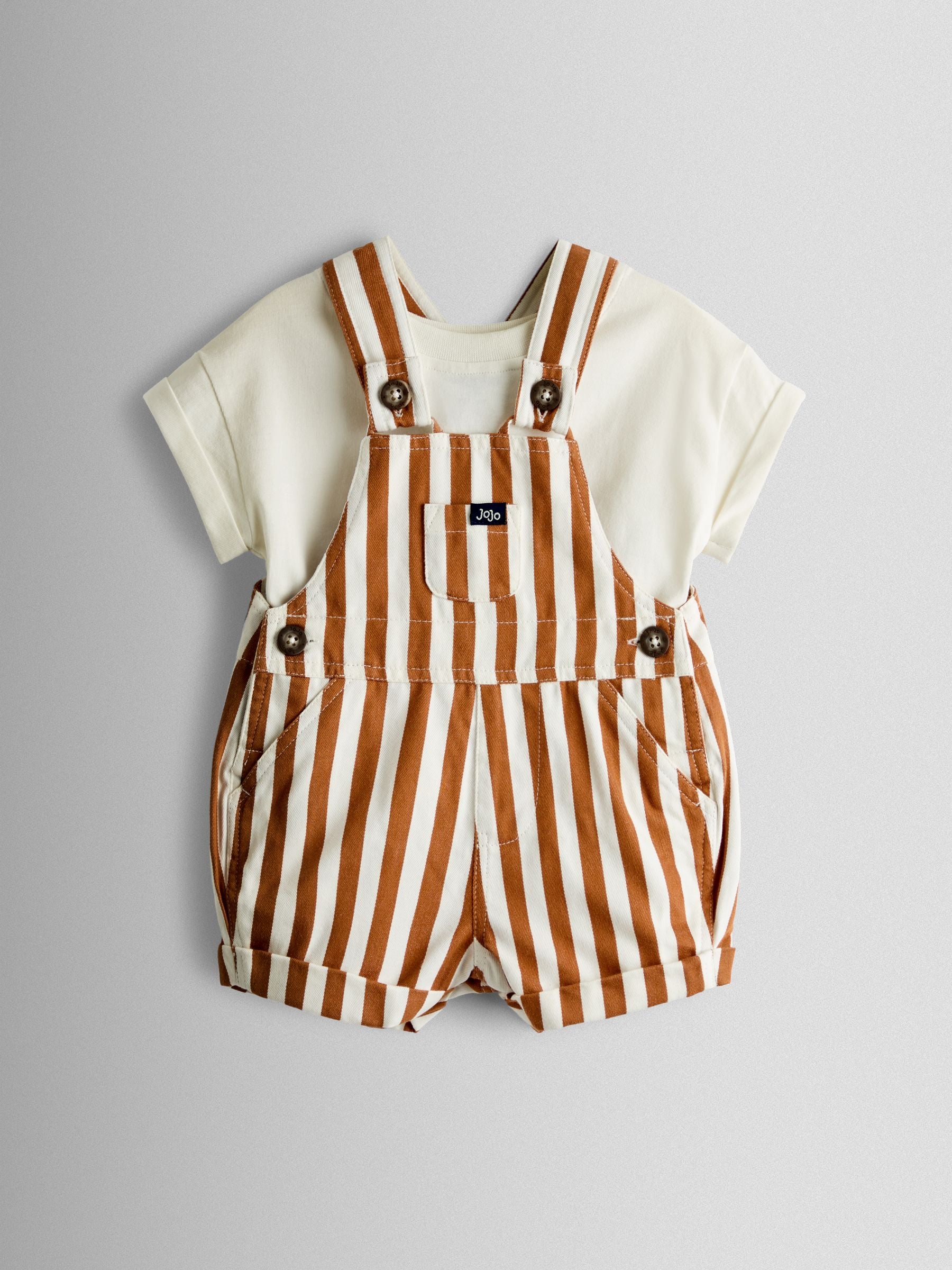 JoJo Maman Bébé Tan Brown Stripe 2-Piece Twill Dungaree Set & T-Shirt image 1