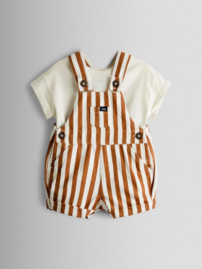 JoJo Maman Bébé Tan Brown Stripe 2-Piece Twill Dungaree Set & T-Shirt image 1