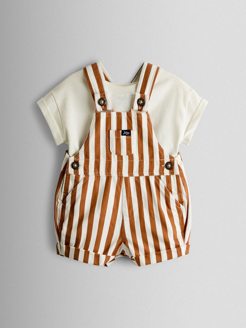 JoJo Maman Bébé Tan Brown Stripe 2-Piece Twill Dungaree Set & T-Shirt image 1