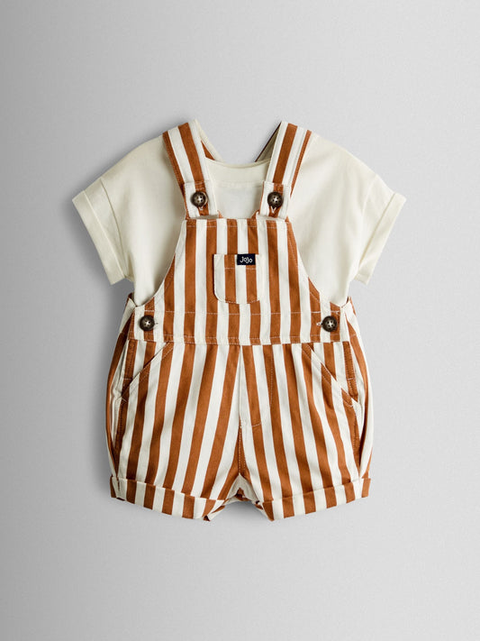 JoJo Maman Bébé Tan Brown Stripe 2-Piece Twill Dungaree Set & T-Shirt image 1