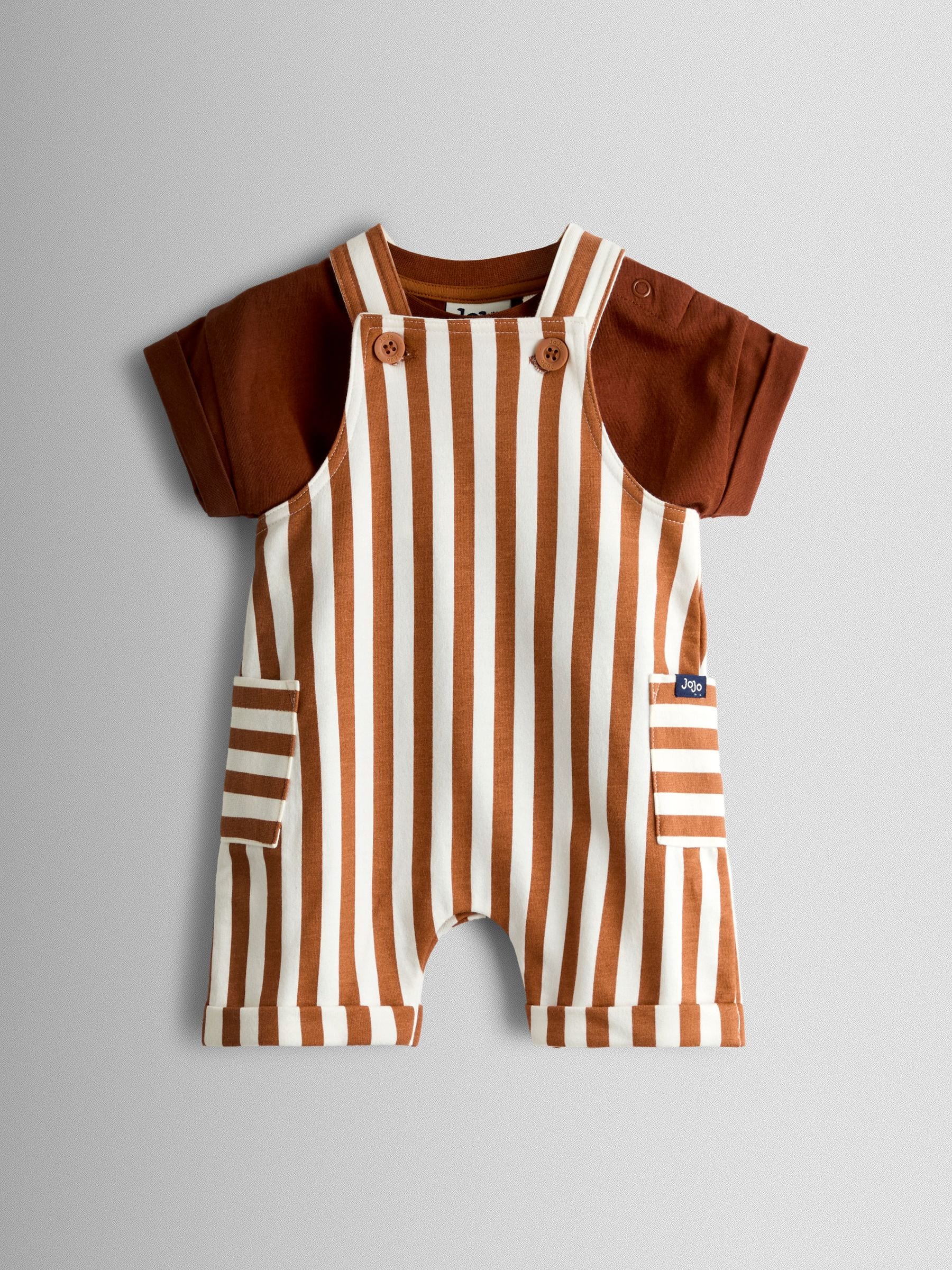 JoJo Maman Bébé Brown 2-Piece Stripe Appliqué Dungarees & T-Shirt Set image 1