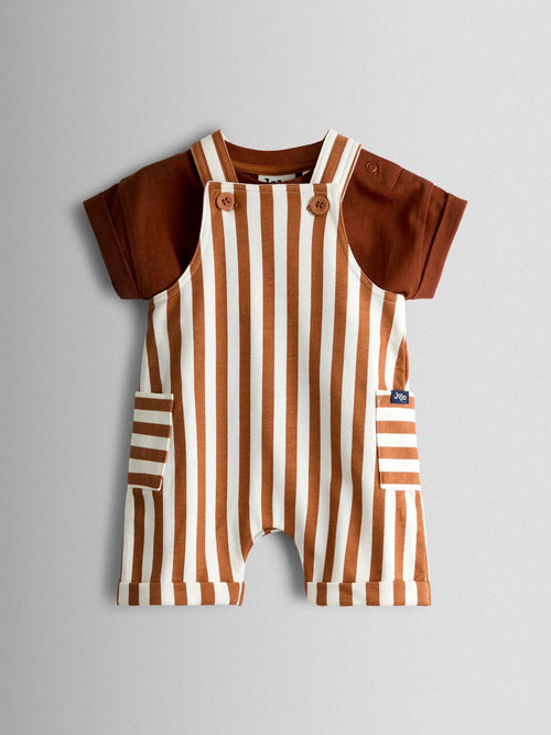 JoJo Maman Bébé Brown 2-Piece Stripe Appliqué Dungarees & T-Shirt Set image 1