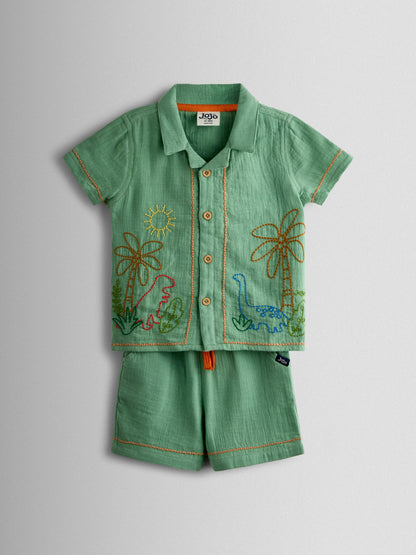 JoJo Maman Bébé Green Dino 2-Piece Shirt & Short Set image 2