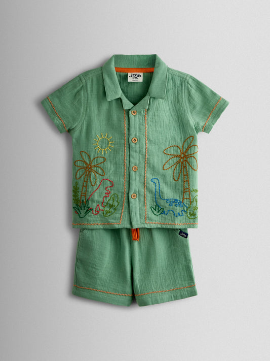 JoJo Maman Bébé Green Dino 2-Piece Shirt & Short Set image 2